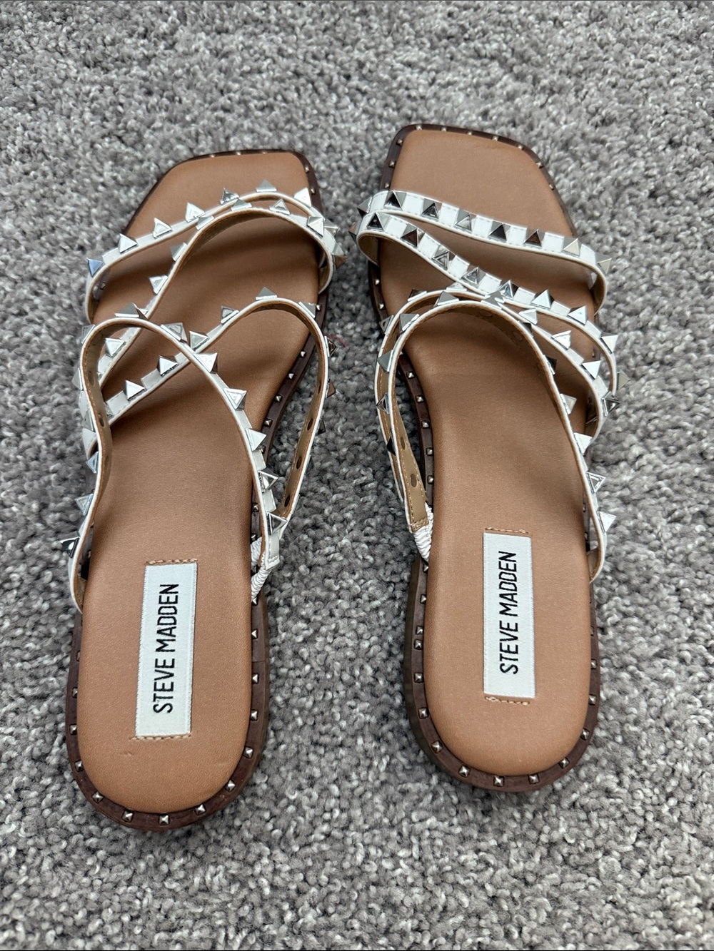 Steve Madden White Studded Strappy Flat Sandals
